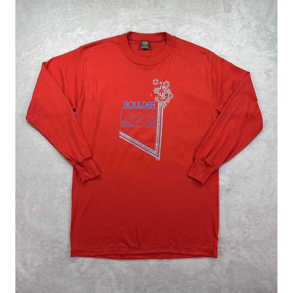 Vintage Boulder Shirt Mens Medium Red Long Sleeve Graphic Jerzees Russell 80s
